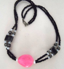 Vintage Necklace - BLACK BEAD CHOKER w/CENTER ACCENT BEAD - 18"