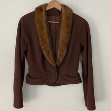 Vintage 1940s 40s Brown Structured Blazer Jacket With Mink Collar S by Bettijean