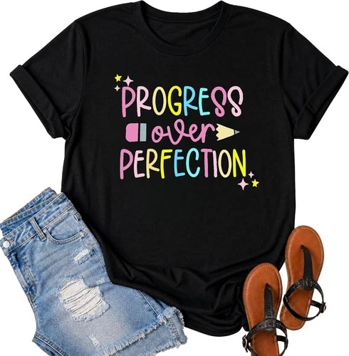 Rainbow Graphic Tee: Progress Over Perfection Teacher Shirt - product listing photo