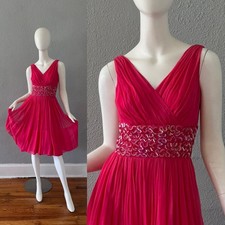 Vintage 50s Pink Chiffon Sequin Fit Flare Party Dress XS