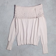 Embellished Rhinestone Bardot Jumper Womens Medium S Beige Off The Shoulder Crop