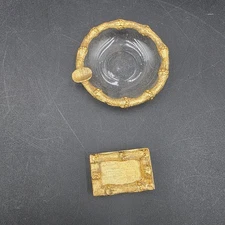 Vintage Glass Ashtray w Gold Color Rim & Match Book Holder