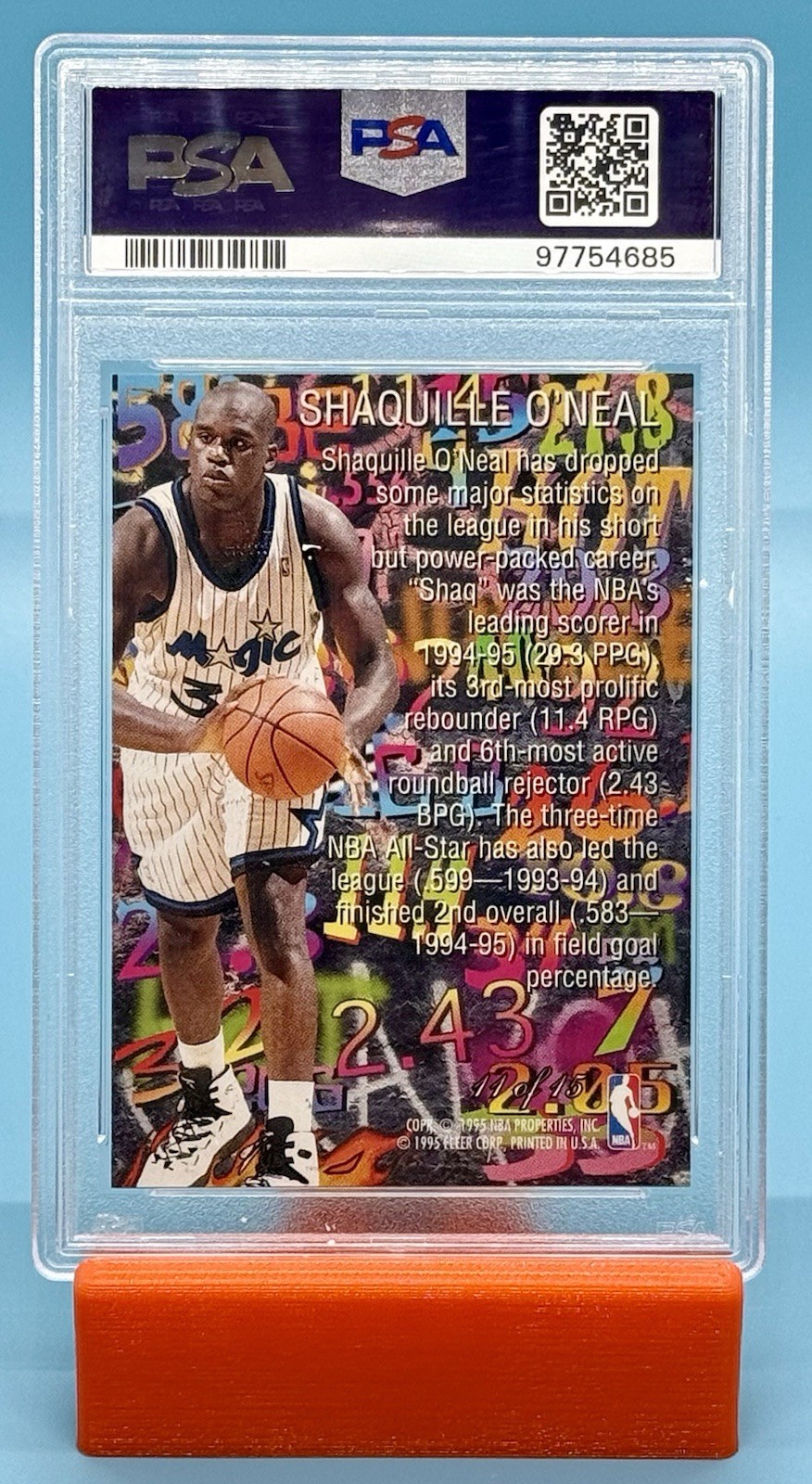 1995 Flair Hot Numbers Shaquille O’Neal #11 PSA 9 view 2