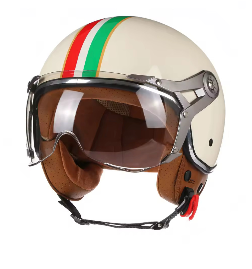 Casco Moto Open Face Vintage Bianco con Bandiera Italiana