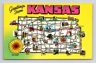 Pictorial Landmark Map Greetings from Kansas KS Postcard