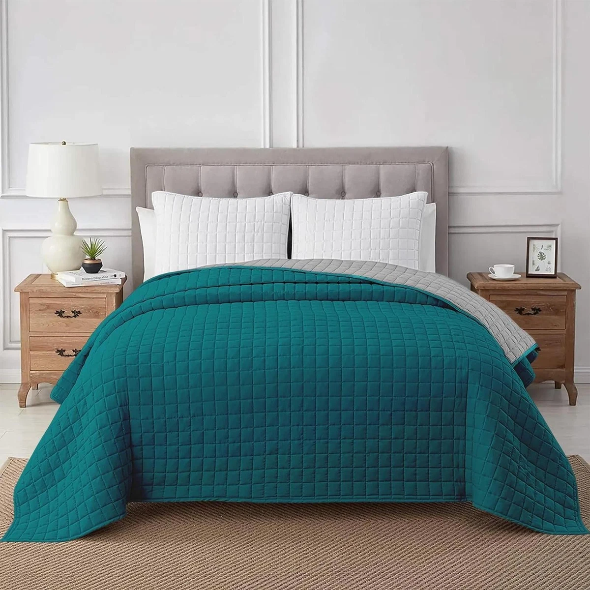 Trapuntino Copriletto Matrimoniale 220x240cm Con 2 Federe – Fiore Blu, Primavera/Estate | Morbido, Traspirante, Facile Da Lavare - 3
