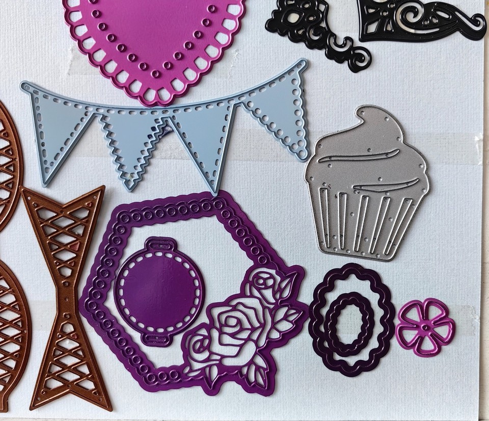 Mixed Die Set - 12 dies - Bunting, Bow, Cake, Corners, Heart, Frames ...