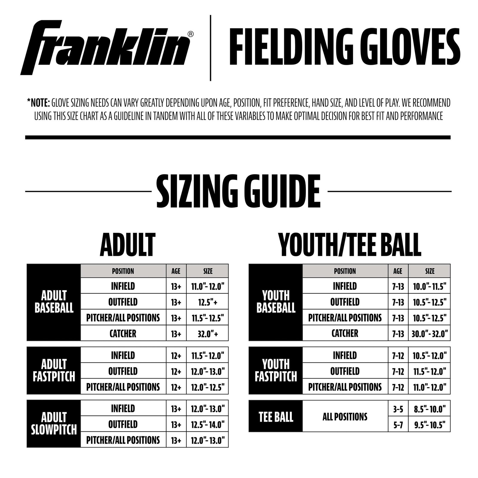 Franklin Sports Field Master Baseball + Softball Glove - Adult + Youth Mitt - 12