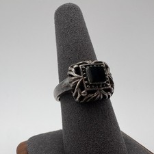 Black Onyx Square Ring 7.75 Sterling Silver Ornate Filigree Southwest Vintage
