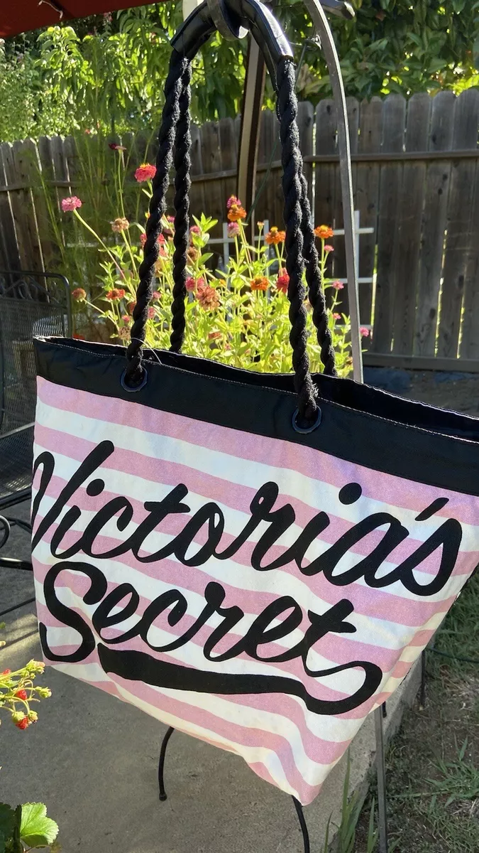 Victoria's Secret Hello, Bombshell Tote Beach Bag, Black Pink Stripe 