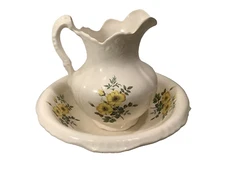 Ceramic Water Pitcher & Wash Basin Hand Painted w/Yellow Floral-scalloped edges