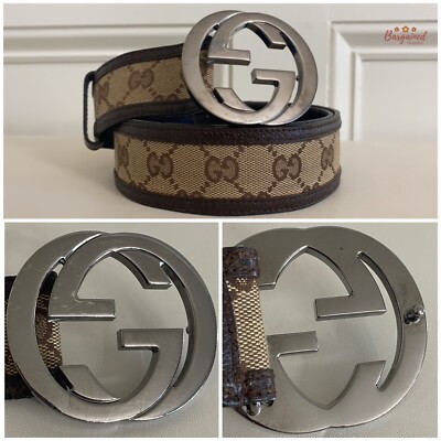 Authentic GUCCI Brown Monogram Canvas Silver Interlocking G Buckle