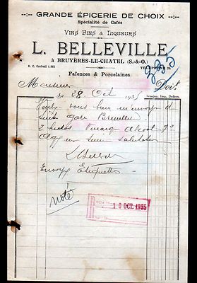 BRUYERES-le-CHATEL (91) GROCERY STORE WINES CAFES ''L. BELLEVILLE'' in 1935