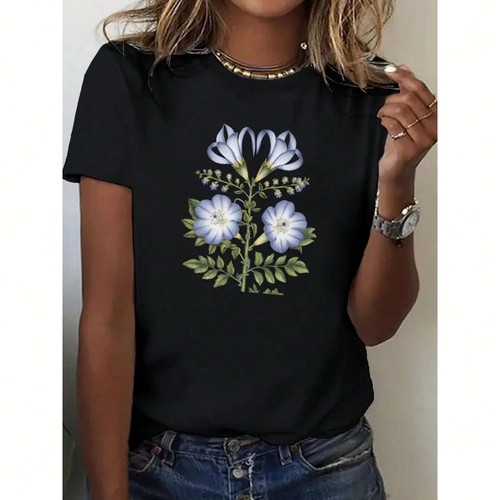 Women's Floral Print Round Neck T-shirt, Summer Casual Short Sleeved Top - Picture 10 of 12
