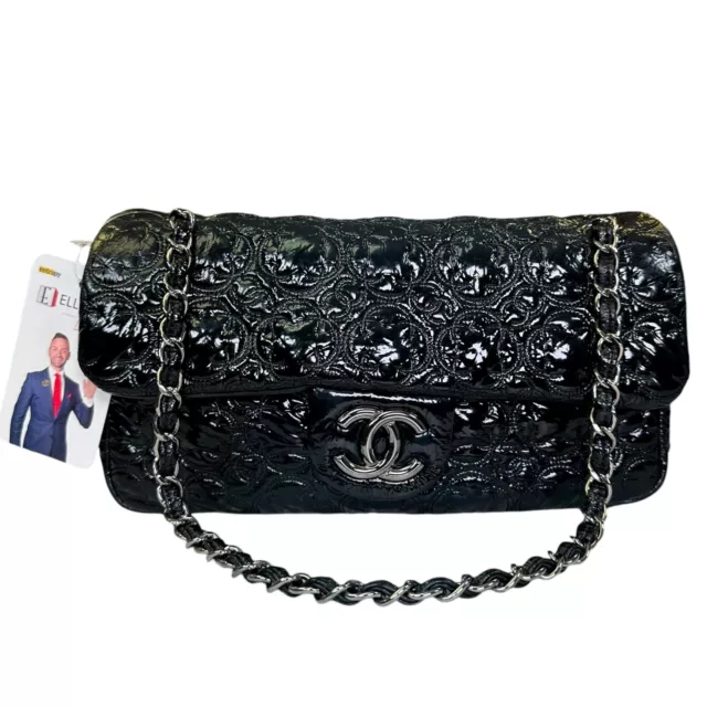 Chanel CC Camellia Quilted Patent Silver Flap Turn Lock Two Way Shoulder Purse