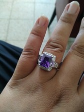 Natural Purple Amethyst GEM Ring w/ Zircon Accent  925 Sterling Silver Sz 9