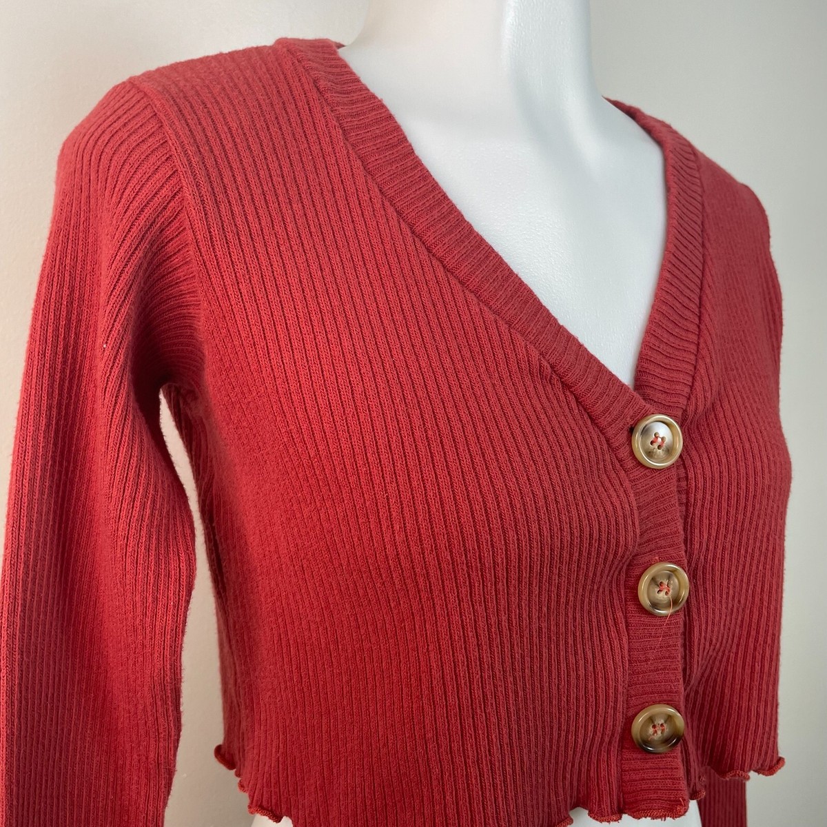 Altar'd State Crop Top XS Burnt Orange Ribbed Knit Button-Up