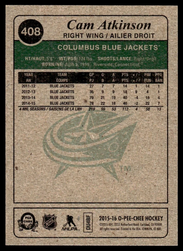 2015-16 O-Pee-Chee Cam Atkinson Columbus Blue Jackets #408 R71 - Image 2 of 2
