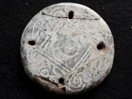 NATIVE AMERICAN STONE GORGET, RESTORED 4-HOLE DESIGN GORGET, SB-0726*09234
