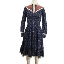 Vintage Gunne Sax Navy Calico Floral Quilted Velveteen Lace Prairie Dress Size 5