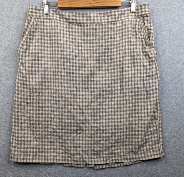 Jacqui E Skirt Womens 16 Plus Beige Blue Check Linen Lined Straight Pockets