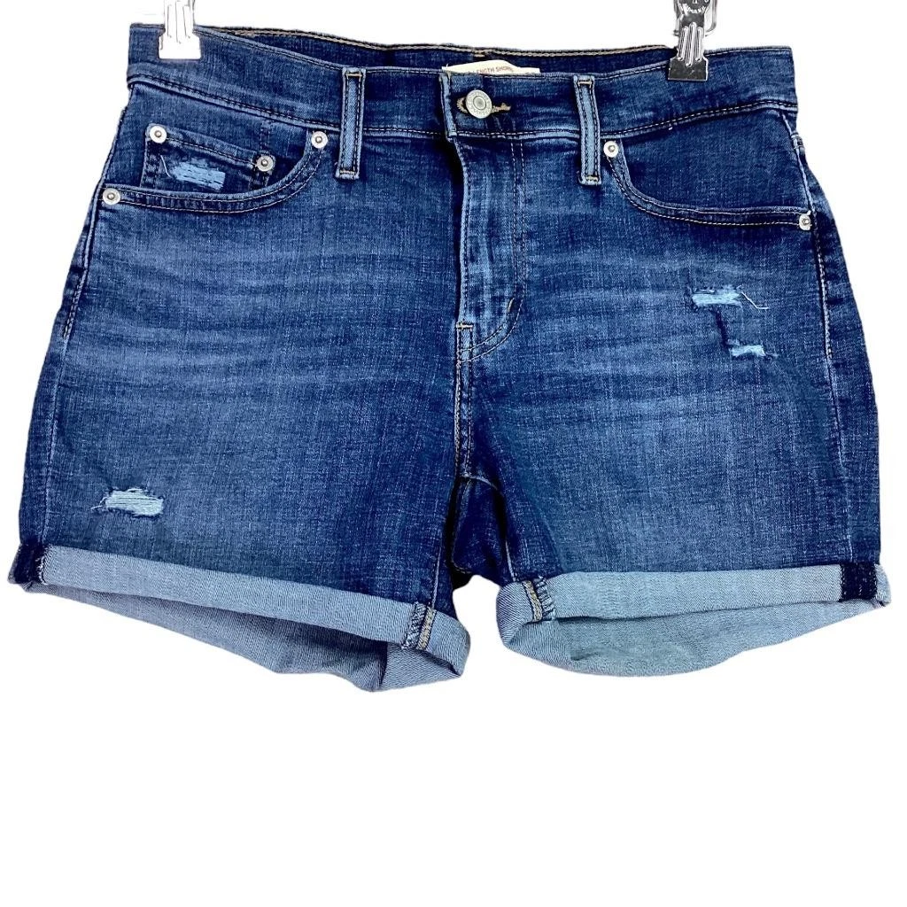 Levis Denim Shorts Womens 29 Blue Mid Length Rolled Cuff Stretch Distressed