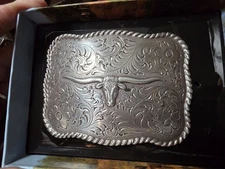 NEW¹ Nocona Belt Co Longhorn Head Rectangle Scalloped Floral Belt Buckle 
