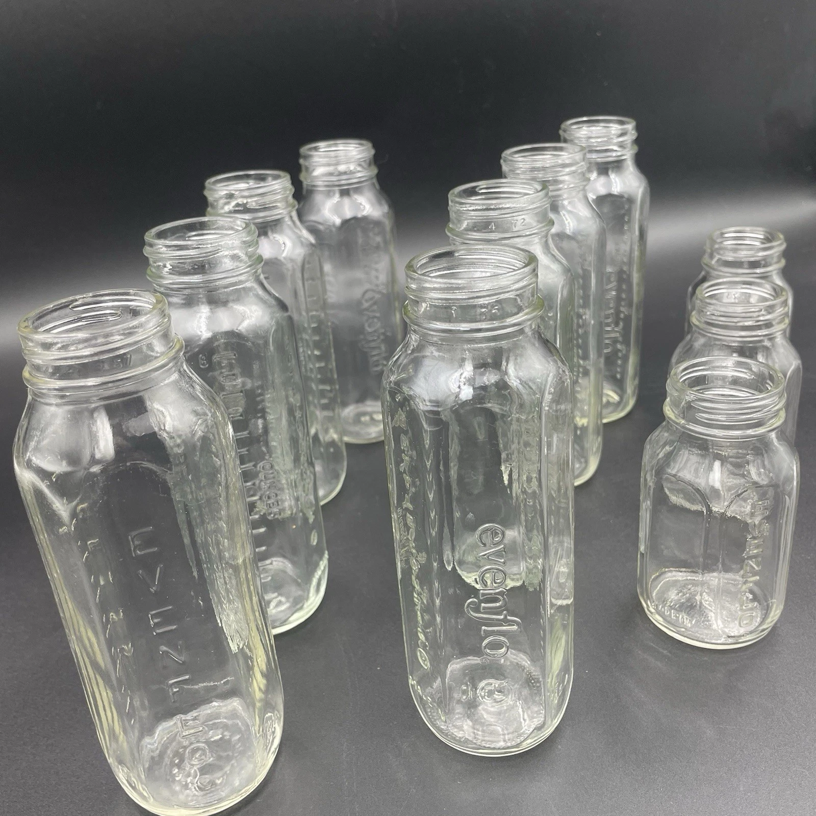 Vintage Evenflo Glass Baby Bottles Lot of 11 No Nipples/Caps Shower Decor Prop