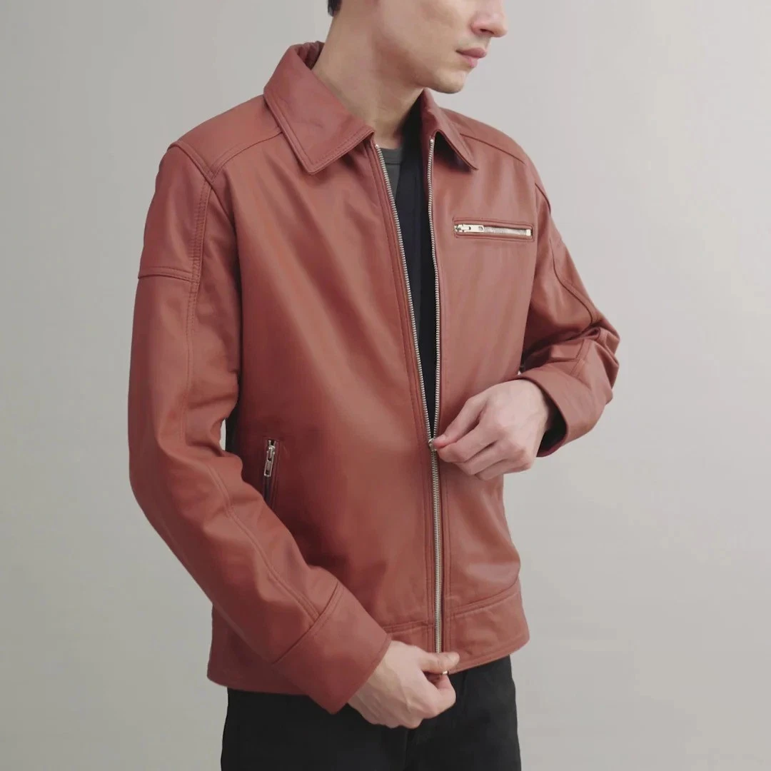 Men's Slim Fit Genuine Leather Jacket Tan Designer Style Daily Wear Jacket