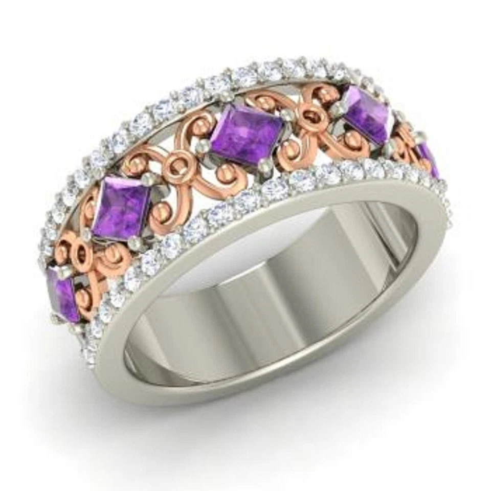 1.31 Ct VS1 Natural Amethyst & Diamond Wedding Eternity Band 14K Multitone Gold - Image 2 of 4