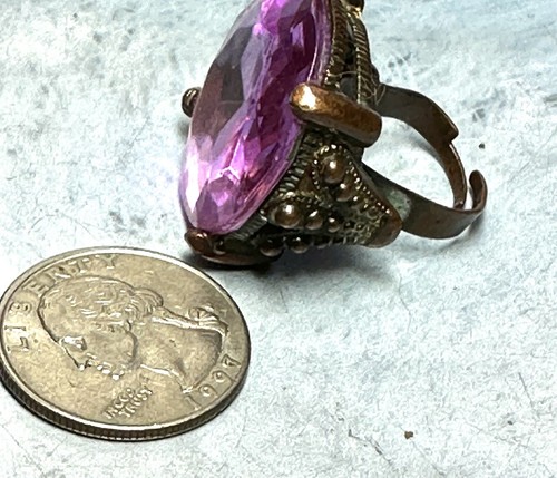 Giant Vintage Copper Tone Round Purple Rhinestone Adjustable Ring - Picture 4 of 12