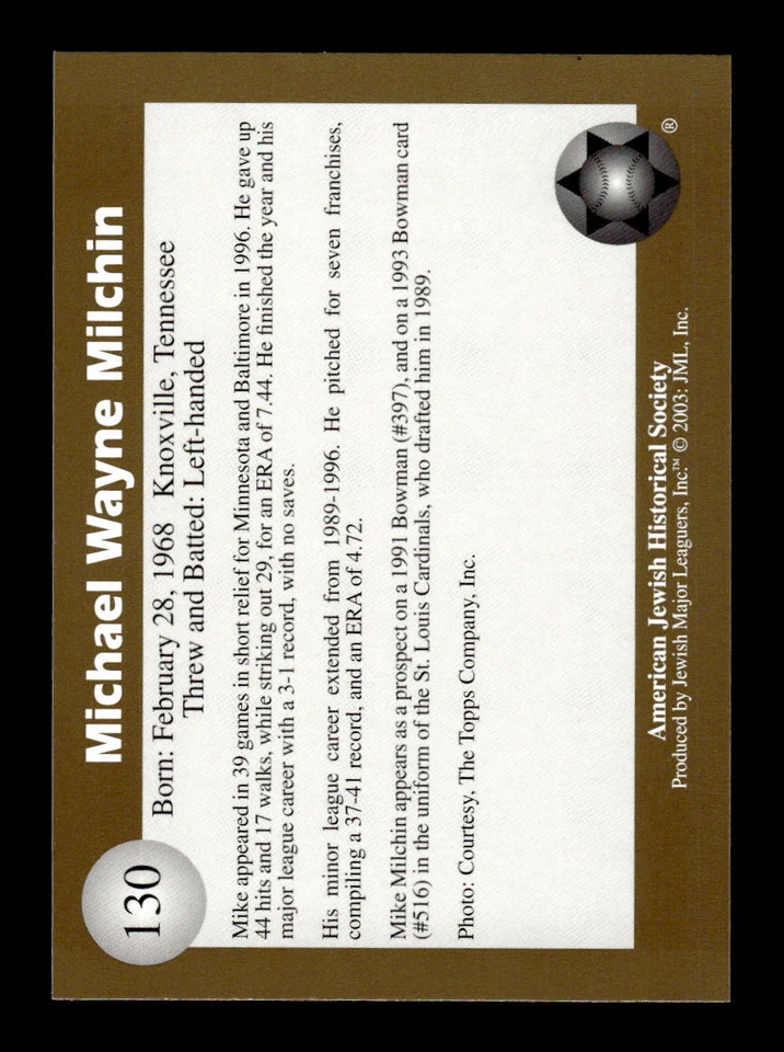 2003 Jewish Major Leaguers #130 Mike Milchin Gold Edition Only 500 Made RARE! - Image 2 of 2