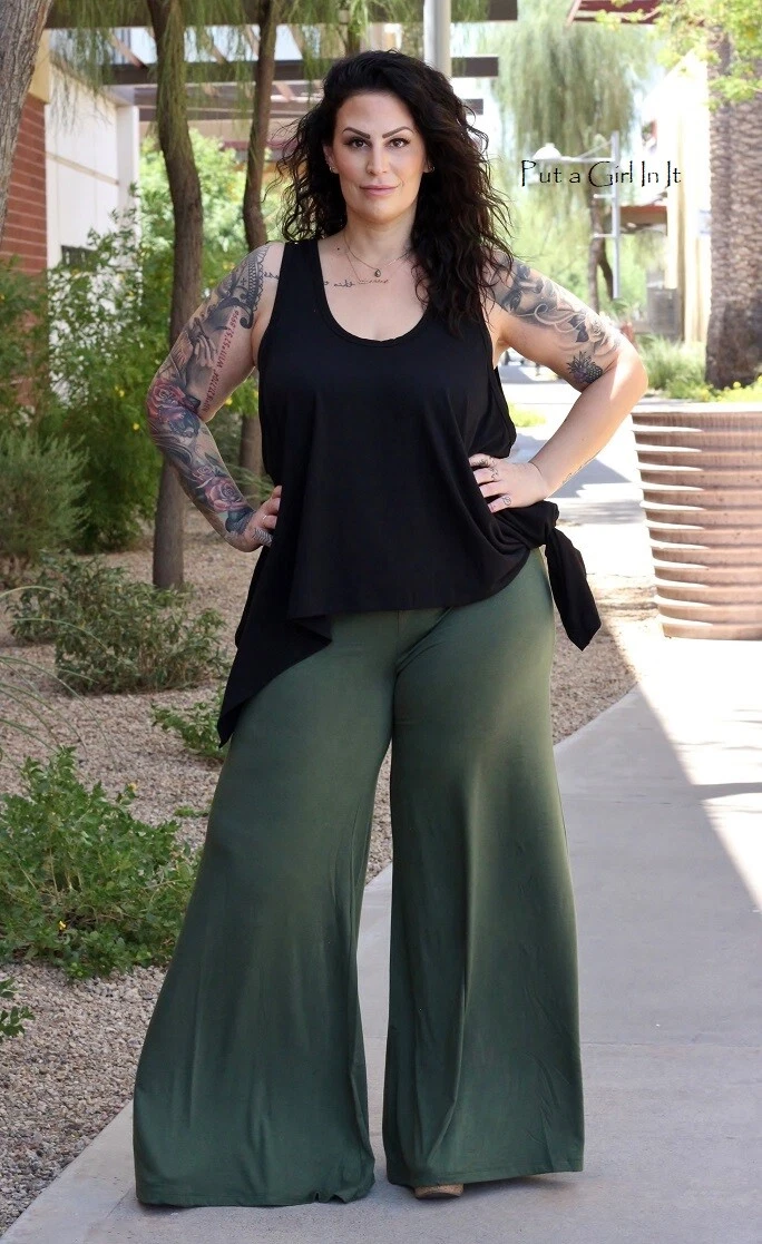 New Womens BUTTERY SOFT ARMY OLIVE WIDE LEG PALAZZO PANTS 2X | eBay