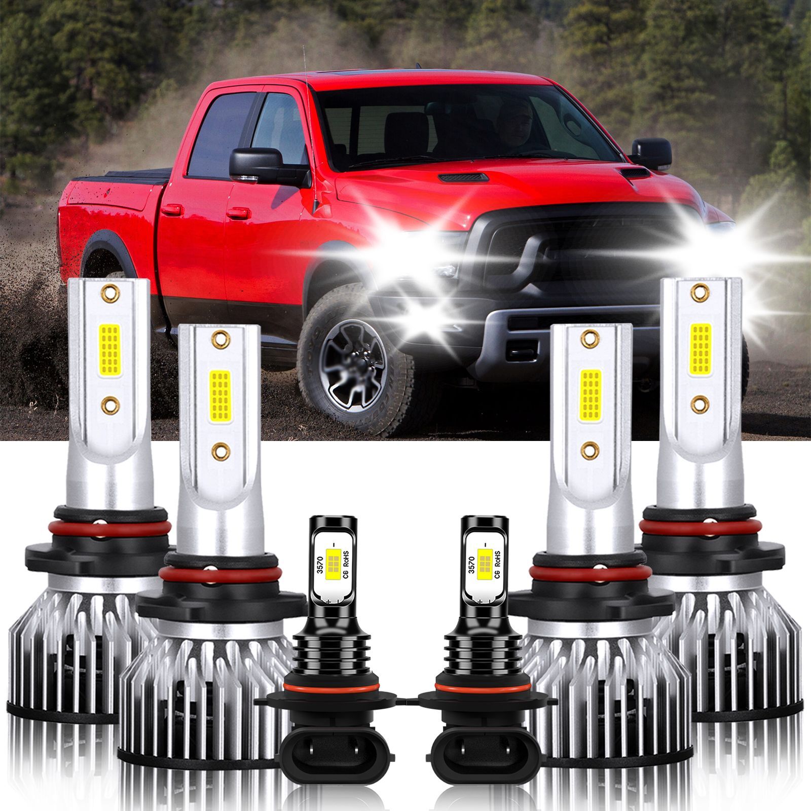 LED Headlight Bulb Hi Low Beam Fog Light white 6000K For Ram 3500 2018-2018