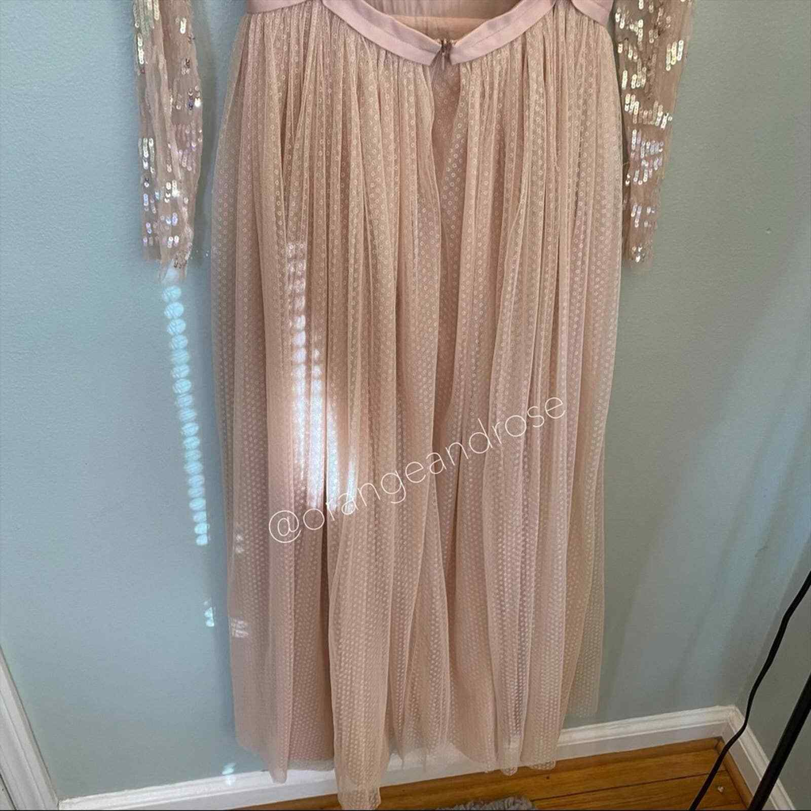 Needle & Thread Blush Pink Sequin Long Sleeve mesh Open Back Tulle Maxi Gown 6