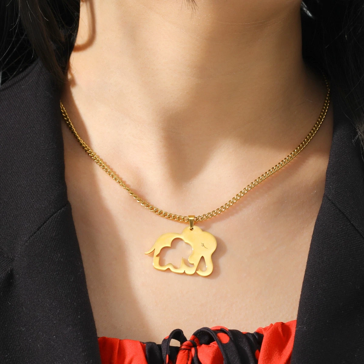 Mom and Baby Elephant Necklace Animals Stainless Steel Elephant