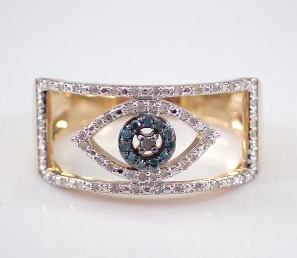 Alternate view of 2.10 Round Cut Real Moissanite Evil Eye Ring 14k Yellow Gold Plated Silver