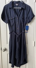 NEW Womens Tencel Lyocell Shirt Dress Navy Pockets Casual Workwear Business Sz L