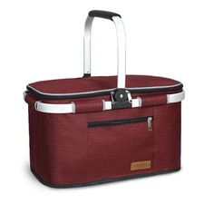 35L Large Picnic Basket, Insulated, Leak-Proof, Folding, Wine Red, Cooler Bag