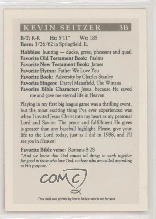 1992 Private Issue Tract Cards Kevin Seitzer - Image 2 of 2