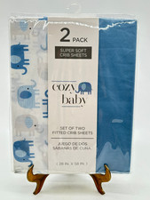 Cozy Baby Set of 2 Blue  Elephant Print Solid Fitted Crib Sheets 28 X 58