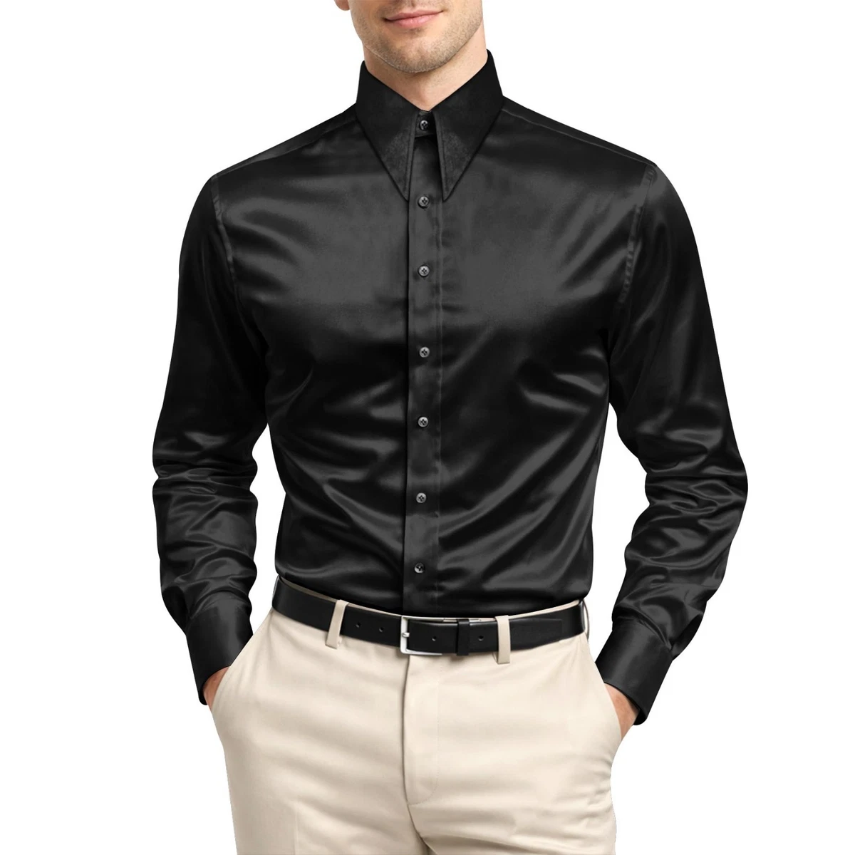 Satin Black Dress Shirts for Men for sale | eBay