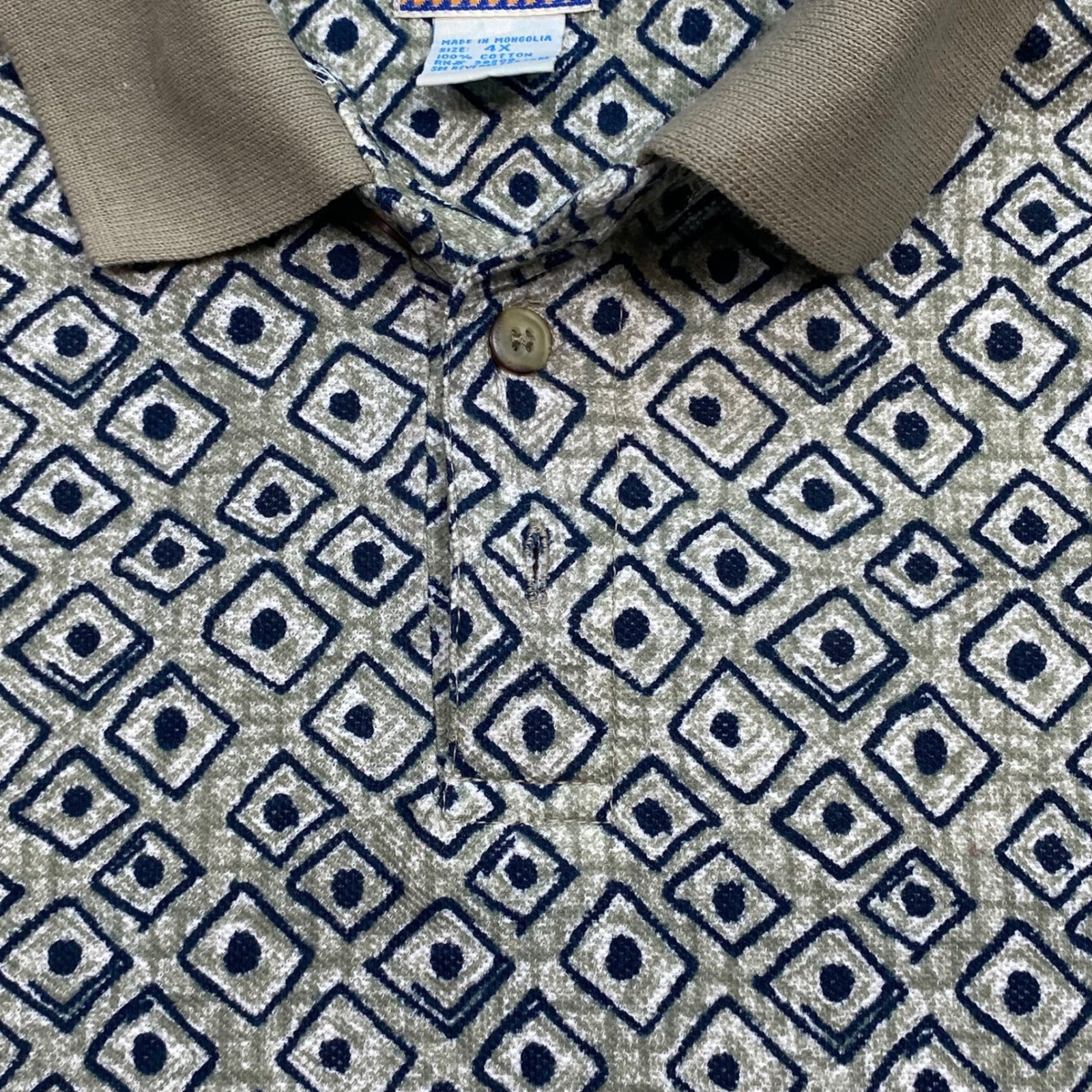 Pacific Scene Geometric Retro Men 4X Cotton Short Sleeve Polo Shirt Tan Navy image 3