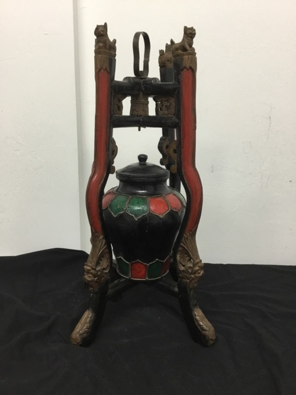 Chinese Dragon Bowl, Wood Stand, Engraved Decor, 24.5 in Tall, (PAT25)