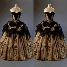 Luxury Black Gold Wedding Dresses Glitter Lace A Line Floor Length Bridal Gowns