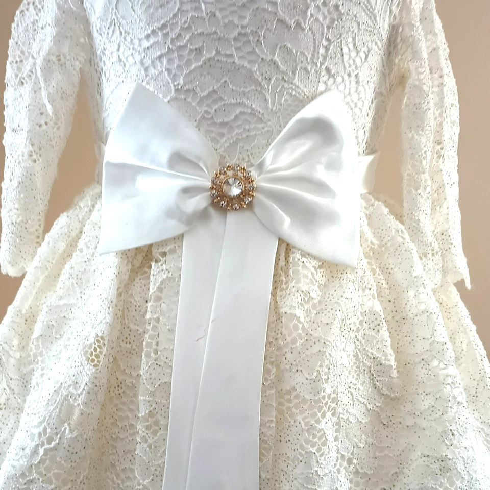 Rare Editions White Lace Dress 2T Holiday Sparkle Scallop Sleeves & Hem Bow