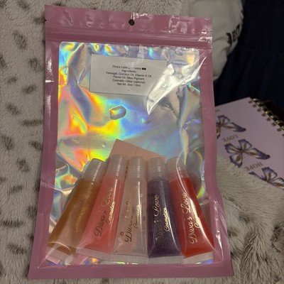 Diva's Love Cosmetics Lip Gloss Set Gold Pink Red Glitter Shine Hydrating Gel 5 