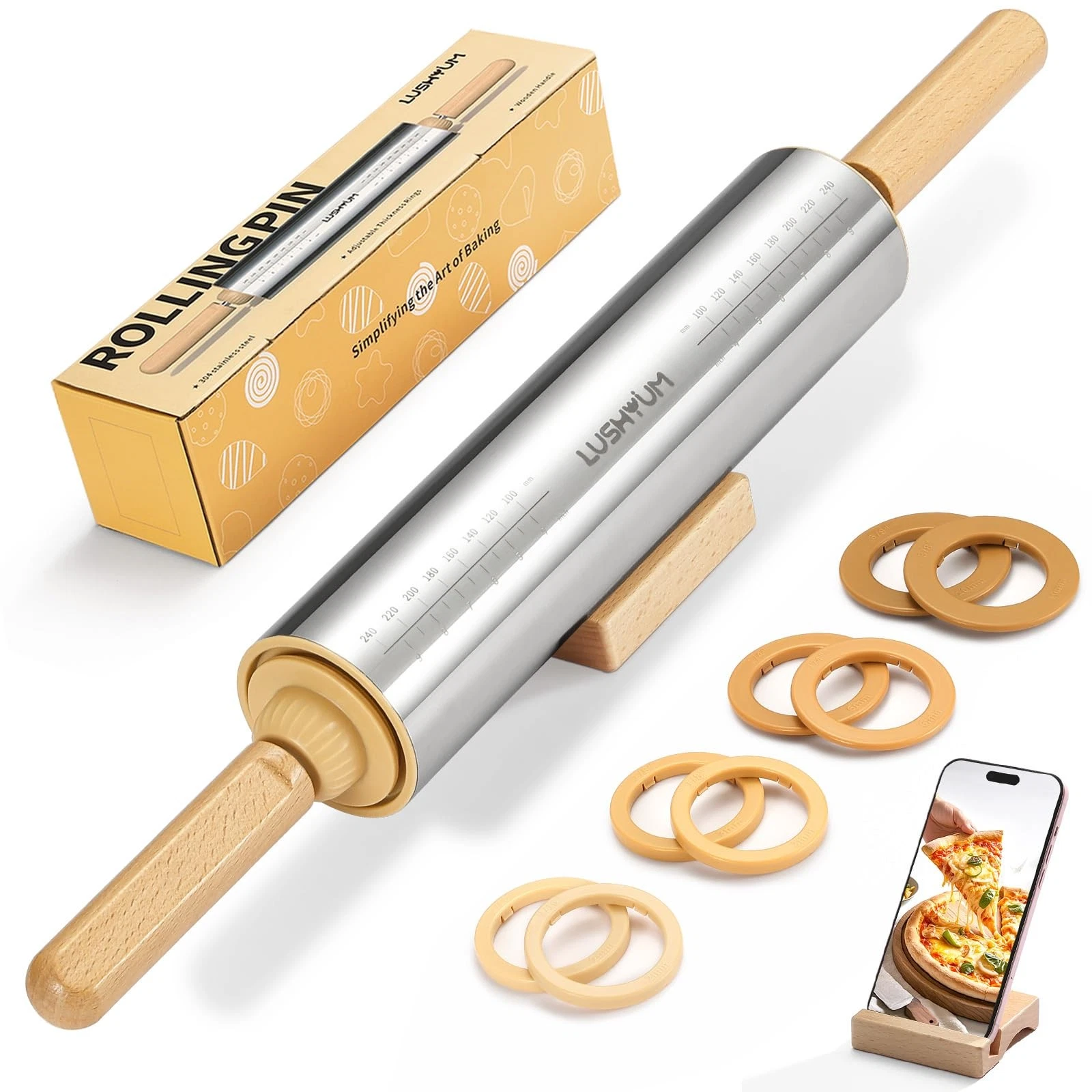 Adjustable Rolling Pin with Thickness Rings 304 Stainless Steel Dough Roller ...