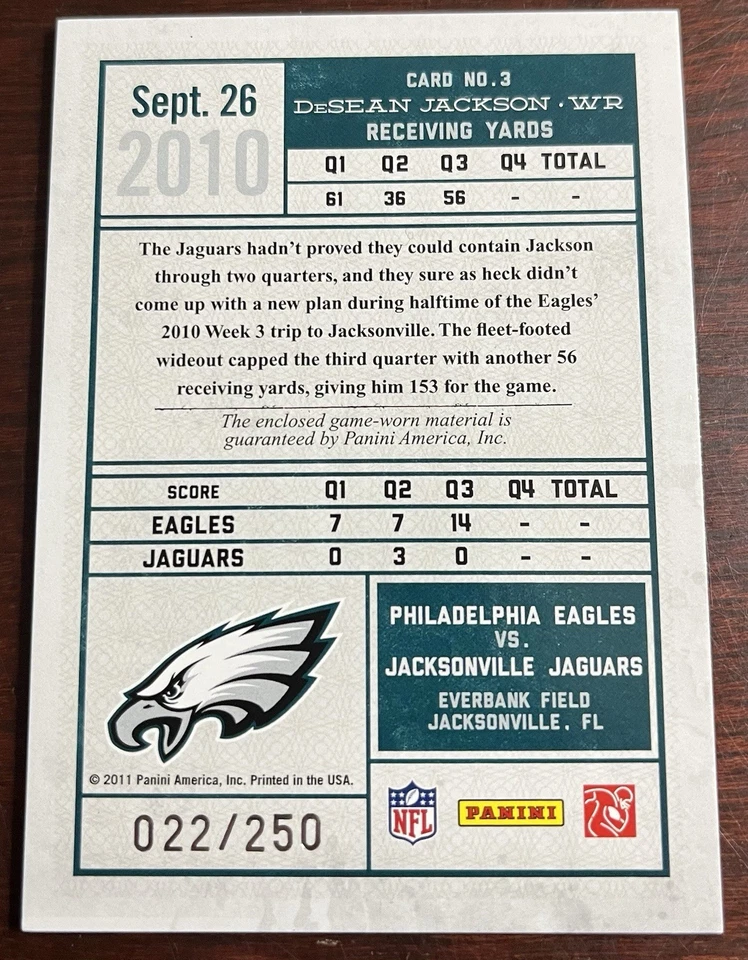 Desean Jackson 2011 Panini Timeless Treasures Gameday Souvenirs Relic #3 /250 - Image 2 of 2