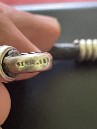 Bracciale regolabile vintage in argento sterling e pelle nera - Foto 3 di 10